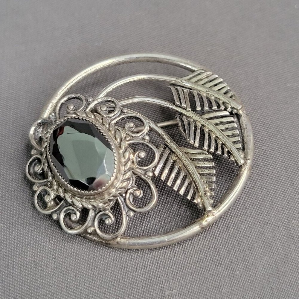 Danecraft Sterling Silver Feather Cabochon Bead Fashion Brooch 1 1/4 in Vintage
